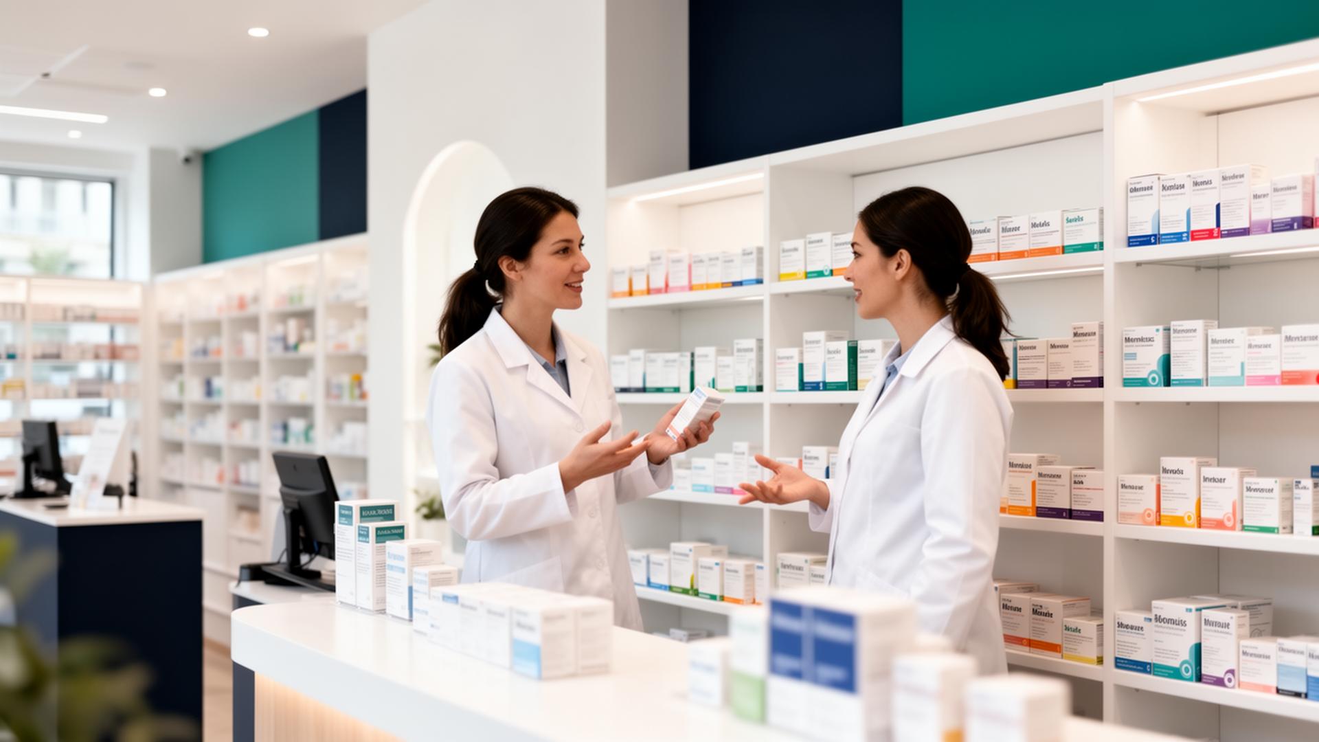 Apothekeninnenraum mit modernen Regalen und pharmazeutischen Produkten